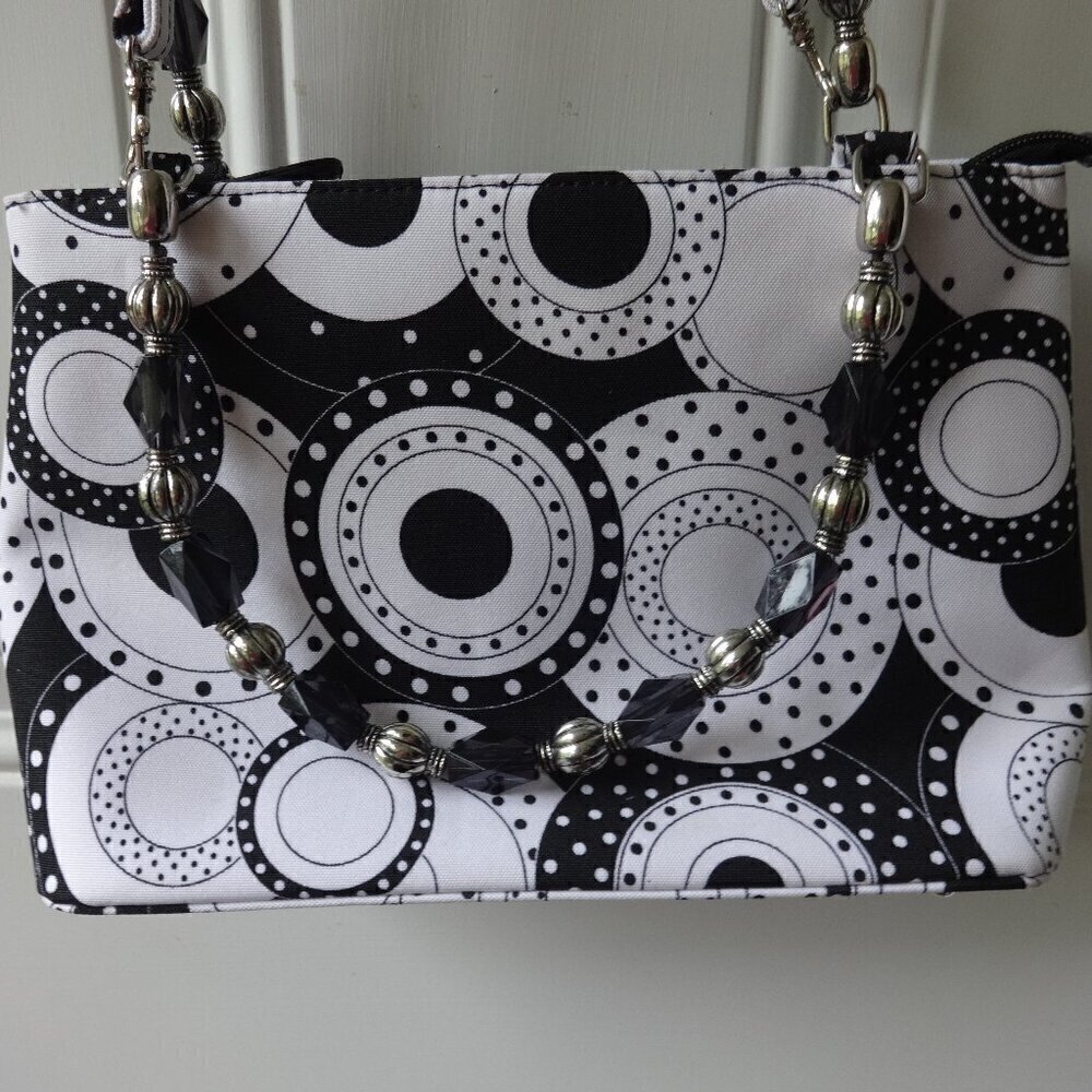 Retro black and white carry/crossbody purse beaded carry handle, canvas material